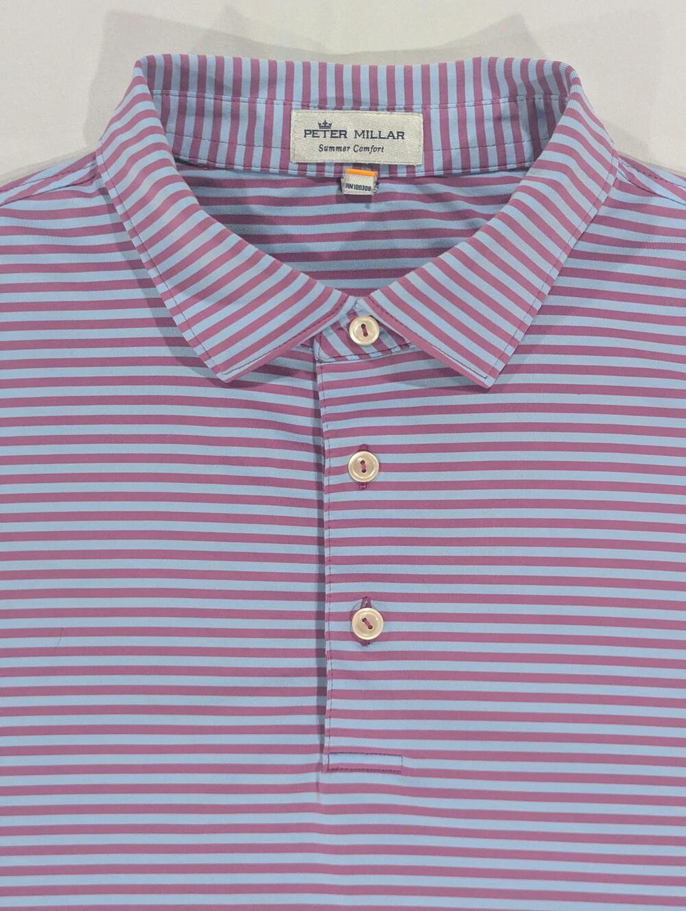 Peter Millar Polo Shirt Mens L Blue Striped Summer Comfort Stretch Golf Casual